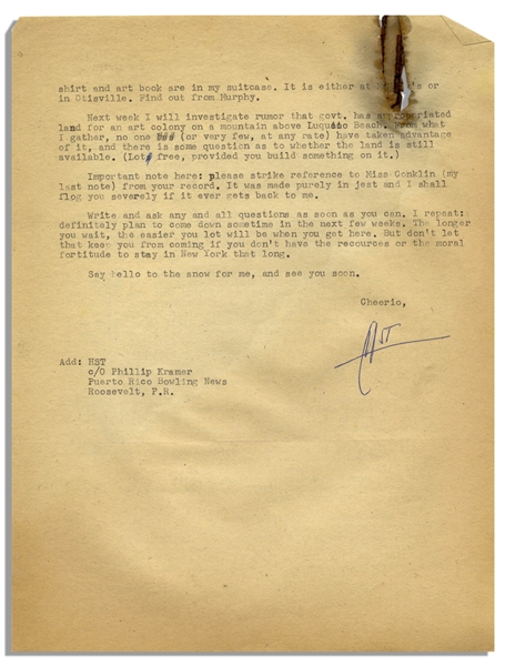 Hunter S. Thompson Letter Signed ''HST'', One of His First From South America in 1960 -- ''...Once I get a beach house and a scooter, heaven will be within my grasp...''